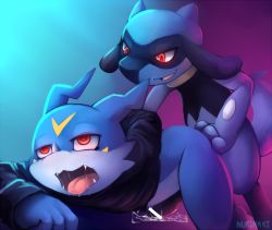00s 2boys ahegao anal bandai cum digimon digimon_adventure_02 erection furry furry_male gen_4_pokemon male_focus male_penetrated multiple_boys nintendo nurinaki open_mouth penis pokemon pokemon_(creature) riolu v-mon yaoi