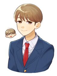 1boy :d ^_^ blazer blue_jacket brown_eyes brown_hair chibi chibi_inset closed_eyes collared_shirt commentary futsuu_no_keion-bu happy_aura head_only highres jacket lapels male_focus multiple_views necktie notched_lapels open_mouth red_necktie school_uniform shirt short_hair simple_background smile symbol-only_commentary takami_kouki ueo_tt upper_body white_background white_shirt wing_collar winter_uniform