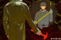 2boys absurdres adachi_tooru blood blood_on_face caution_tape coat expressionless gloves grey_eyes grey_gloves grey_hair grey_jacket grey_pants hammer highres holding holding_hammer jacket long_sleeves looking_at_another male_focus multiple_boys narukami_yu pants persona persona_4 raincoat short_hair wujiezhiyi yellow_coat yellow_raincoat