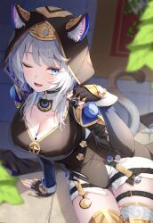 1girl animal_ears belt black_gloves black_hood black_leotard blue_eyes breasts cat_ears cat_girl cat_tail cipher_(honkai:_star_rail) cleavage collarbone commentary_request ears_through_hood fingerless_gloves fingernails gloves grey_hair highres honkai:_star_rail honkai_(series) leotard looking_at_viewer mole mole_on_chest nail_polish one_eye_closed open_mouth sakuno_(sksk_sakuno) short_hair shorts sitting smile solo tail thigh_belt thigh_gap thigh_strap thighs white_shorts yellow_nails