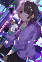 1girl black_hair chest_sarashi clenched_hand hand_up hand_wraps highres hood hooded_jacket jacket long_sleeves looking_at_viewer multicolored_hair open_clothes open_jacket open_mouth pink_hair purple_jacket ringozeri sarashi short_hair solo tachibana_hinano two-tone_hair virtual_youtuber vspo!