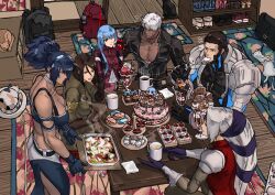 2boys 4girls belt black_hair blue_hair bodysuit breasts brown_hair candy cat cyborg dark-skinned_male dark_skin diana_(kof) food foxy_(kof) gloves headband highres ice jacket k&#039;_(kof) kula_diamond large_breasts long_hair maxima medium_breasts multiple_boys multiple_girls ponytail purple_eyes red_eyes short_hair sideburns snk syachiiro the_king_of_fighters whip_(kof) white_hair yellow_gloves zipper