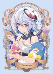 1girl 2025 absurdres bare_shoulders belt black_belt blue_background blue_bow blue_eyes bow breasts character_name cleavage closed_mouth cup dress food grey_hair hair_between_eyes hair_bow highres holding holding_cup ice_cream looking_at_viewer necomi purple_bow sanrio short_hair simple_background sleeveless sleeveless_dress smile solo spoon striped_bow tuxedo_sam upper_body white_dress yellow_bow