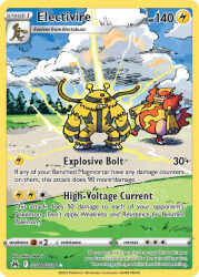 artist_name blue_sky card_(medium) character_name cloud cloudy_sky company_name copyright_name copyright_notice day electabuzz electivire electricity english_text gen_1_pokemon gen_4_pokemon grass magmortar nakai_mina nintendo official_art outdoors pokemon pokemon_(creature) pokemon_card pokemon_focus pokemon_tcg red_eyes sky standing teeth third-party_source trading_card tree