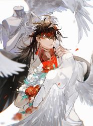 1boy absurdres bishounen black_hair chunbuchou dress_shirt eyeliner floral_print halo highres jacket japanese_clothes kimono kimono_on_shoulders makeup male_focus multicolored_hair nijisanji nijisanji_en red_eyeliner red_hair red_kimono red_shirt shirt solo virtual_youtuber vox_akuma white_jacket white_wings wings yellow_eyes