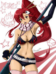 1girl :d absurdres anti-materiel_rifle belt bikini bikini_top_only breasts fgsketch flame_print gun hair_ornament highres large_breasts long_hair no_shirt open_mouth pink_scarf ponytail red_hair rifle scarf short_shorts shorts skull_hair_ornament smile sniper_rifle solo studded_belt swimsuit tengen_toppa_gurren_lagann thighhighs very_long_hair weapon yoko_littner