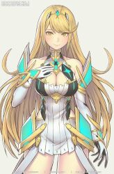 blonde_hair breasts dress gloves halo long_hair mythra_(xenoblade) smile watermark white_background xenoblade yellow_eyes yellow_halo
