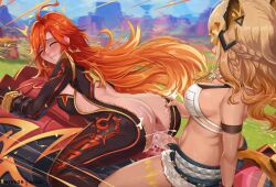 1futa 1girl anus ass biker_clothes bikesuit black_bodysuit blonde_hair bodysuit breasts clenched_teeth closed_eyes cum cum_in_pussy cum_overflow dark-skinned_female dark_skin exlic futa_with_female futanari genshin_impact mavuika_(genshin_impact) medium_breasts motion_lines multicolored_hair nail_polish orange_hair penis pussy riding sex sex_from_behind speed_lines teeth two-tone_hair uncensored unzipped vaginal xilonen_(genshin_impact)