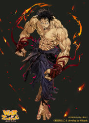 1boy barefoot biceps cross_scar facial_hair facial_scar feet fiery_clothing goatee highres large_hands large_pectorals male_focus mature_male muscular muscular_male nanase_miri obliques official_art pants pectorals scar scar_across_eye scar_on_arm scar_on_back scar_on_cheek scar_on_chest scar_on_face scar_on_forehead scar_on_stomach short_hair solo spiked_hair topless_male torn_clothes torn_pants war_of_zodiac