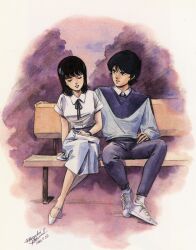 1980s_(style) 1986 1boy 1girl bench black_hair closed_eyes couple dated dress fa_yuiry good_end gundam highres jewelry kamille_bidan kitazume_hiroyuki necklace official_art oldschool park promotional_art retro_artstyle scan shoes signature sitting skirt sneakers sweater traditional_media zeta_gundam