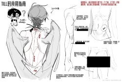 2boys ? alien_stage angel angel_wings apron ass censored chinese_commentary chinese_text commentary_request dotted_line eweisse highres holding holding_knife ivan_(alien_stage) knife male_focus multiple_boys name_tag navel nude partial_commentary short_hair till_(alien_stage) translation_request wings