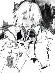 Rule 34 | 1boy, commentary, cropped jacket, expressionless, facial mark, final fantasy, final fantasy vii, final fantasy vii ever crisis, greyscale, high collar, highres, jacket, kyuu vide, looking at viewer, male focus, monochrome, official alternate costume, open clothes, open jacket, parted bangs, sephiroth, sephiroth (custom suit), sephiroth (ever crisis), short hair, solo, upper body