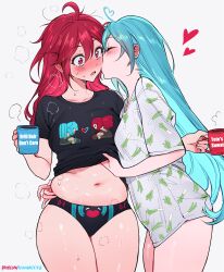 2girls absurdres aqua_hair bite_mark black_panties black_shirt blush breasts closed_eyes cowboy_shot cup hatsune_miku heart highres holding holding_cup kasane_teto kasane_teto_(utau) kiss kissing_cheek large_breasts long_hair multiple_girls navel open_mouth paid_reward_available panties qiandaiyiyu red_eyes red_hair shirt short_sleeves simple_background stomach t-shirt thighs underwear utau vocaloid white_background yuri