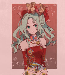 1girl absurdres ayamel_1228 bare_shoulders blush border bow breasts closed_mouth detached_sleeves dress embarrassed final_fantasy final_fantasy_vi floral_print frown gradient_background green_eyes green_hair hair_bow highres jewelry leaning_back long_hair looking_at_viewer medium_breasts necklace pink_border pink_sash red_background red_dress red_sleeves sash solo star_(symbol) tina_branford