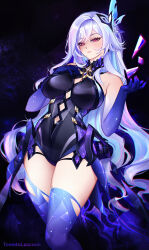 1girl alternate_costume armpit_crease artist_name bare_shoulders black_leotard breasts closed_mouth clothing_cutout colored_extremities commentary english_commentary genshin_impact hair_ornament hand_on_own_chest hand_up highres large_breasts leotard long_hair looking_at_viewer nail_polish navel purple_hair purple_thighhighs red_eyes skirk_(genshin_impact) solo thighhighs thighs tomatolaccoon very_long_hair