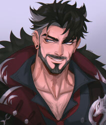 Rule 34 | 1boy, bara, black coat, black shirt, blue eyes, brooch, chalseu, coat, copyright request, ear piercing, earrings, facial hair, genshin impact, highres, jewelry, male focus, mature male, necktie, piercing, red necktie, scar, scar on face, shirt, wriothesley (genshin impact)