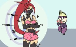 Rule 34 | 1boy, 1girl, armpits, artist request, black mask, blood, blush, bodysuit, boyshort panties, bra, breasts, capcom, chain, cleavage, collarbone, defeat, delinquent, embarrassed, eyelashes, green eyes, heart, heart print, high ponytail, himezaki aoi, humiliation, justice gakuen, knife, leather, legs, long hair, looking at viewer, mask, medium breasts, midriff, moero! justice gakuen, mouth mask, neck, nosebleed, panties, parted bangs, pink bra, pink panties, ponytail, red hair, sailor collar, sidelocks, skin tight, spiked hair, standing, thighs, torn bodysuit, torn clothes, tsundere, underwear, very long hair