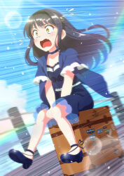 1girl black_choker black_dress black_hair black_hairband black_shoes blue_capelet blush bone_hair_ornament capelet choker commentary_request day dress fang floating_hair flying_sweatdrops frilled_capelet frilled_choker frilled_dress frills full_body hair_between_eyes hair_ornament hairband highres kamukamu_(benjomeshi_tsuushin) knees_together_feet_apart kushima_kamome long_hair looking_ahead motion_blur motion_lines no_socks on_suitcase open_mouth outdoors rolling_suitcase scared shoes sitting skull_and_crossbones skull_hair_ornament solo suitcase summer_pockets sweatdrop v_arms wavy_mouth wide-eyed yellow_eyes
