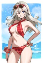 1girl alisa_ilinichina_amiella bare_shoulders bikini blue_eyes breasts cleavage criss-cross_halter fire_emblem fire_emblem_engage god_eater god_eater_burst grey_hair halterneck highres long_hair looking_at_viewer medium_breasts navel nintendo o-ring o-ring_bikini o-ring_bottom one_eye_closed plaid_clothes red_bikini rotomdocs signature smile solo sommie_(fire_emblem) swimsuit twitter_username underboob