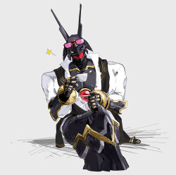Rule 34 | absurdres, alphamon, armor, black armor, black scarf, coffee mug, commentary request, cosplay, cowboy shot, crossed legs, cup, dawu233, digimon, digimon (creature), digimon story: cyber sleuth, eyewear on head, forehead jewel, highres, holding, holding cup, kuremi kyouko, kuremi kyouko (cosplay), mug, one eye closed, pink-tinted eyewear, scarf, shirt, sitting, solo, sunglasses, tinted eyewear, white shirt, yellow eyes