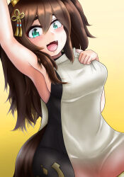 Rule 34 | 1girl, animal ears, arm up, armpits, black bodysuit, bodysuit, breasts, brown hair, cowboy shot, ear covers, ear ornament, fang, gradient background, green eyes, hair between eyes, highres, horse ears, horse girl, horse tail, inari one (umamusume), large breasts, long hair, official alternate costume, sidelocks, solo, stellarsugar07, tail, umamusume
