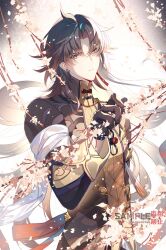 1boy aqueasirius bandaged_arm bandages bandages_over_clothes black_coat black_gloves black_hair black_ribbon blade_(honkai:_star_rail) branch buttons chinese_clothes coat earrings floating_hair flower gloves hair_between_eyes hand_up highres honkai:_star_rail honkai_(series) jewelry long_hair long_sleeves looking_at_viewer male_focus mandarin_collar parted_bangs petals pink_flower ribbon sample_watermark simple_background single_earring solo standing tassel teeth watermark white_background yellow_eyes