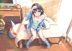 1girl alarm_clock arm_up bare_shoulders between_legs black_hair blue_boots blue_eyes blue_jacket blush boots breasts cac_itinose camisole cellphone chair clock collarbone commentary_request computer_keyboard curtains day desk dolphin_shorts green_camisole hair_between_eyes hand_between_legs highres indoors jacket long_sleeves looking_at_viewer monitor off_shoulder office_chair on_bed open_clothes open_jacket open_mouth original phone puffy_long_sleeves puffy_sleeves short_shorts shorts sleeves_past_wrists small_breasts small_sweatdrop solo stuffed_animal stuffed_octopus stuffed_shark stuffed_toy sweat swivel_chair v-shaped_eyebrows white_shorts window