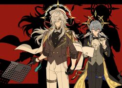 2boys ascot black_border black_bow black_bowtie black_gloves black_jacket black_pants border bow bowtie brown_jacket buttons closed_mouth cowboy_shot gloves gold_halo grey_vest hair_between_eyes half-closed_eyes halo halo_behind_head hat head_wings highres holding honkai:_star_rail honkai_(series) jacket jing_yuan jing_yuan_(star_rail_live_2025) letterboxed long_hair looking_at_viewer male_focus medium_hair mole mole_under_eye multiple_boys open_clothes open_jacket pants red_background shadow shirt smile sos13825406402 spiked_halo sunday_(honkai:_star_rail) sunday_(star_rail_live_2025)_(honkai:_star_rail) vest white_ascot white_bow white_gloves white_hair white_hat white_pants white_shirt wings yellow_eyes
