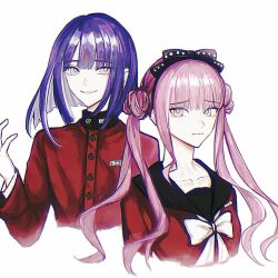 1boy 1girl black_bow bow brother_and_sister closed_mouth collarbone highres long_sleeves looking_at_viewer matching_hair/eyes mizuxxxxxxx open_mouth pink_eyes pink_hair purple_hair siblings simple_background the_hundred_line_-last_defense_academy- tsukumo_ima tsukumo_kako twins twintails white_background