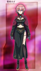 absurdres android blue_eyes breasts character_name doll_joints earrings gradient_background highres hololive humanoid_robot japanese_text jewelry joints large_breasts looking_at_viewer mechamaiden mechanical_arms mechanical_hands mechanical_legs mechanization midriff navel pink_hair ponytail robot robot_girl short_hair smile takane_lui