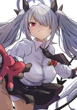 Rule 34 | 1girl, absurdres, armband, bent over, black necktie, black skirt, blue archive, collared shirt, commentary request, dark-skinned female, dark skin, demon girl, demon tail, gloves, grey hair, grey halo, hair over one eye, halo, high-waist skirt, highres, iori (blue archive), long bangs, long hair, long sleeves, looking at viewer, mosuke1221, necktie, panties, pantyshot, parted bangs, pleated skirt, pointy ears, reaching, reaching towards viewer, red armband, red eyes, school uniform, shirt, sidelocks, simple background, skirt, smile, solo, tail, twintails, two-tone gloves, underwear, white panties, white shirt