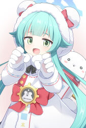 1girl animal_ear_headwear animal_ears aqua_hair bear_ears blue_archive blue_halo coat commentary fake_animal_ears fur-trimmed_hood fur-trimmed_sleeves fur_trim gloves green_eyes halo highres hood hood_up long_hair long_sleeves mogura2009 momiji_(blue_archive) open_mouth sidelocks very_long_hair white_coat white_gloves winter_clothes winter_coat