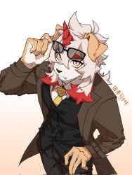 1boy arknights artist_name black_pants black_vest brown_coat closed_mouth coat colored_tips commentary fang fang_out from_above furry furry_male highres holding holding_removed_eyewear horns hung_(arknights) komainu_boy komainu_ears looking_at_viewer looking_up male_focus multicolored_hair nansing0623 necktie pants shirt single_horn unworn_eyewear vest white_shirt yellow_necktie