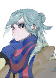 1boy absurdres blue_gloves blue_hair blue_scarf gloves grusha_(pokemon) highres jacket looking_at_viewer male_focus nintendo pokemon pokemon_sv reirei_(rei_mosaic00) scarf solo upper_body white_background yellow_jacket