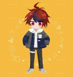 1boy ahoge blue_hair closed_mouth hands_in_pockets male_focus messy_hair multicolored_eyes multicolored_hair purple_eyes red_eyes red_hair simple_background solo solo_focus standing sumino_takumi the_hundred_line_-last_defense_academy- yellow_background