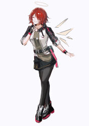 1girl :d ^_^ absurdres ankle_boots arknights black_boots black_gloves black_pantyhose black_skirt boots chinese_commentary closed_eyes clothes_writing commentary_request exusiai_(arknights) facing_viewer finger_to_own_chin fingerless_gloves full_body gloves grey_background grin halo highres miniskirt open_mouth pantyhose red_hair short_hair simple_background single_fingerless_glove sketch skirt smile solo standing traditional_halo yellow_halo zhishi_mao_tiao