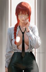 1girl black_necktie black_pants blood blood_on_clothes blood_on_face blurry blurry_background braid braided_ponytail breasts chainsaw_man closed_mouth collared_shirt commentary cowboy_shot dress_pants dress_shirt expressionless hair_over_shoulder high-waist_pants highres large_breasts long_hair long_sleeves looking_at_viewer loose_necktie makima_(chainsaw_man) necktie no_bra open_clothes open_shirt pants patreon_username red_hair ringed_eyes robusta_mania shirt shirt_tucked_in solo standing white_shirt yellow_eyes
