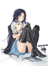 1girl :&lt; ar-18_(fishing_lure)_(girls&#039;_frontline) ar-18_(girls&#039;_frontline) bikini black_bikini black_coat black_hair blue_shirt character_doll closed_mouth clothes_around_waist coat crossed_ankles doll erma_(girls&#039;_frontline) expressionless fish fish_hook fish_request fishing_rod full_body girls&#039;_frontline high_heels highres holding holding_doll lelith61 long_hair looking_at_viewer mechanical_arms mechanical_legs official_alternate_costume second-party_source shirt shirt_around_waist simple_background single_mechanical_arm sitting solo swimsuit white_background yellow_eyes