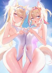 2girls :3 :d absurdres alternate_costume animal_ear_fluff animal_ears asymmetrical_docking bandaid bandaid_hair_ornament blonde_hair blue_eyes blue_hair blue_hairband blue_sky breast_press breasts cloud covered_navel crossed_bangs cumulonimbus_cloud day dog_ears dog_girl dog_tail double-parted_bangs fang fuwawa_abyssgard hair_between_eyes hair_intakes hair_ornament hairband hairclip heart heart_hands heart_hands_duo highleg highleg_one-piece_swimsuit highres hololive hololive_english horn_hairband jiang_ye_kiri long_hair looking_at_viewer medium_breasts mococo_abyssgard multicolored_hair multiple_girls one-piece_swimsuit open_mouth pink_eyes pink_hair pink_hairband short_hair siblings sisters sky small_breasts smile streaked_hair swimsuit tail twins two_side_up virtual_youtuber white_one-piece_swimsuit x_hair_ornament