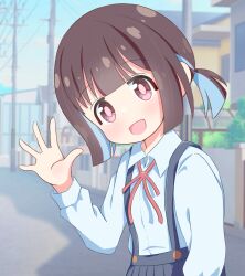 1girl :d beenyan_1203 black_skirt blue_hair blunt_bangs blunt_ends brown_eyes brown_hair commentary day highres hozuki_momiji long_hair looking_at_viewer multicolored_hair neck_ribbon onii-chan_wa_oshimai! open_mouth outdoors paid_reward_available ponytail power_lines red_ribbon ribbon shirt short_hair short_ponytail skirt smile solo suspender_skirt suspenders two-tone_hair waving white_shirt wing_collar
