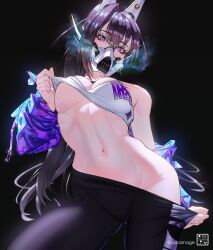 1girl armpit_crease bandeau black_background black_hair black_pants breasts cleavage clothes_lift clothes_pull fingernails goddess_of_victory:_nikke groin hair_between_eyes headgear high-waist_pants high_ponytail highres jacket large_breasts lifting_own_clothes linea_alba long_hair looking_at_viewer mask mouth_mask navel no_bra no_panties pants pants_pull patricius_carnage ponytail presenting purple_eyes purple_jacket shirt_lift sin_(nikke) solo stomach toned toned_female underboob white_bandeau yoga_pants
