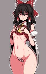 1girl ascot bare_shoulders black_hair blush bow closed_mouth cowboy_shot detached_sleeves formicid grey_background groin hair_between_eyes hair_bow hair_tubes hakurei_reimu japanese_clothes long_hair looking_at_viewer navel nontraditional_miko ofuda red_bow red_eyes sidelocks simple_background solo touhou white_sleeves wide_sleeves yellow_ascot