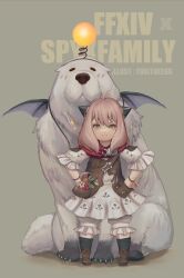 1girl 1other absurdres ahoge anya_(spy_x_family) artist_name bat_wings bond_(spy_x_family) boots brown_boots brown_shoes child cone_hair_bun copyright_name cosplay dog dress final_fantasy final_fantasy_xiv full_body green_eyes green_hair hair_between_eyes hair_bun hand_on_own_hip highres lalafell leather leather_boots moogle moogle_(cosplay) puffy_legwear puffy_sleeves shoes shorts sparkle spy_x_family standing straight-on three-quarter_sleeves white_dress white_shorts wings yuki_lu