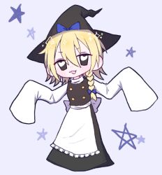 1girl :3 apron black_eyes black_hat black_skirt black_vest blonde_hair blue_bow bow braid buttons commentary_request cookie_(touhou) frilled_apron frills full_body hair_bow hat hat_bow highres kirisame_marisa long_skirt looking_at_viewer noirloup open_mouth shirt short_hair side_braid simple_background single_braid skirt skirt_set sleeves_past_fingers sleeves_past_wrists smile solo standing star_(symbol) touhou turtleneck turtleneck_shirt vest waist_apron white_apron white_shirt witch_hat yuuhi_(cookie)