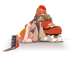 2girls ankleband anya_melfissa anya_melfissa_(1st_costume) bare_legs barefoot brown_hair detached_sleeves dress feet food gastornis_kfp hand_on_another&#039;s_neck hat hololive hololive_english hololive_indonesia implied_kiss long_hair medium_hair multiple_girls no_shoes on_floor orange_hair orange_shirt orange_skirt pocky ribbon shirt short_dress skirt takanashi_kiara takanashi_kiara_(1st_costume) thighhighs toenails toes very_long_hair yuri