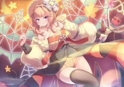 1girl absurdres aromalilith_magnolia black_thighhighs blush breasts closed_mouth collarbone duel_monster flower hair_flower hair_ornament highres holding holding_scepter kanzakietc large_breasts long_hair long_sleeves off-shoulder_jacket off_shoulder orange_hair purple_eyes scepter shorts smile solo thick_thighs thighhighs thighs twitter_username wings yellow_shorts yu-gi-oh!