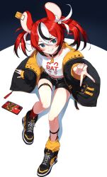 1girl absurdres animal_ears black_collar black_jacket blue_eyes cellphone collar corsetman gyaru_v hakos_baelz highres hololive hololive_english jacket midriff mismatched_socks mouse_ears multicolored_hair phone red_hair shirt shoes sitting smartphone smile sneakers streaked_hair thigh_strap twintails v virtual_youtuber white_shirt