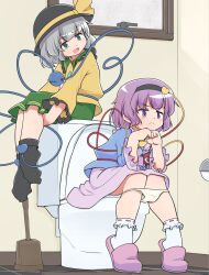 2girls annoyed black_hairband black_hat blue_shirt buttons closed_mouth commentary_request diamond_button eyeball frilled_shirt_collar frilled_sleeves frills green_eyes green_skirt hair_ornament hairband hat hat_ribbon heart heart_button heart_hair_ornament highres komeiji_koishi komeiji_satori light_blush long_sleeves multiple_girls open_mouth panties panty_pull pink_skirt purple_eyes purple_hair ribbon shirt sitting skirt slippers socks third_eye toilet toilet_paper toilet_use touhou turnip_kabura underwear white_socks wide_sleeves yellow_ribbon yellow_shirt
