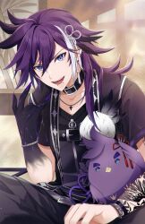 1boy animal arm_tattoo banzoin_hakka banzoin_hakka_(2nd_costume) bird black_skin blue_eyes choker colored_skin commentary earrings gradient_skin hair_between_eyes hakkito_(banzoin_hakka) highres holding holding_animal holding_bird holostars holostars_english holotempus jewelry k-rumi lip_piercing long_hair looking_at_viewer male_focus multicolored_hair multicolored_skin open_mouth piercing purple_hair shirt smile snakebite_(piercing) solo streaked_hair tattoo tattoo_sleeve upper_body virtual_youtuber white_hair