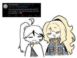 1boy 1girl black_jacket blonde_hair cape chibi ezra_(project_moon) jacket library_of_ruina long_hair long_sleeves looking_to_the_side open_mouth project_moon request_inset sidelocks simple_background smile the_distortion_detective triangle_mouth white_background white_cape white_hair yan_vismok yellow_eyes yongsa_(ishmaelenjoyer)